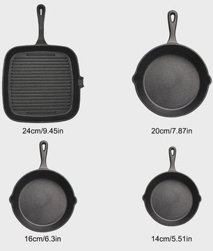 Set van 4 Gietijzeren Koekenpannen - Non-stick, Vooraf Ingebrand, Grillpan