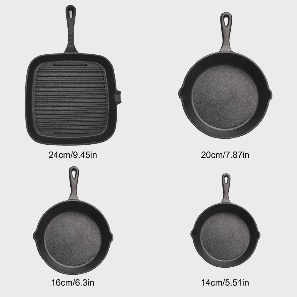 Set van 4 Gietijzeren Koekenpannen - Non-stick, Vooraf Ingebrand, Grillpan