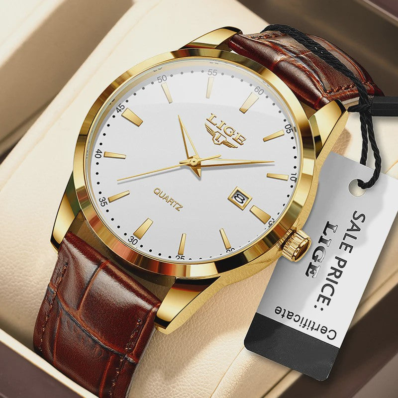 LIGE Heren Horloge Bruin Leer - Stijlvol Militair Quartz Horloge met Datum & Waterdicht