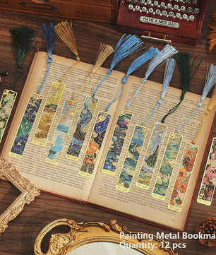 Set van 12 Vintage Metalen Bladwijzers met Kwastjes - Kunstzinnige Boekenleggers