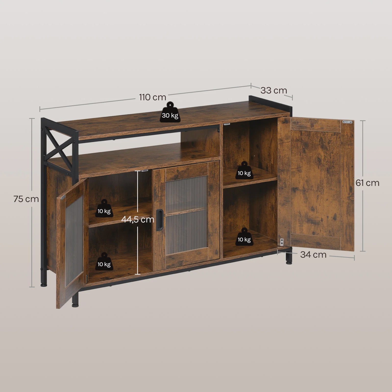 Stijlvolle Houten Keukenkast met 3 Deuren en Verstelbare Planken - 110x75x33cm