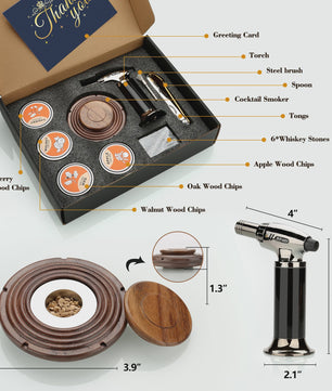 Cocktail Smoker Kit: Rook Aroma met Brandertje, Houtchips & Whiskey Stenen