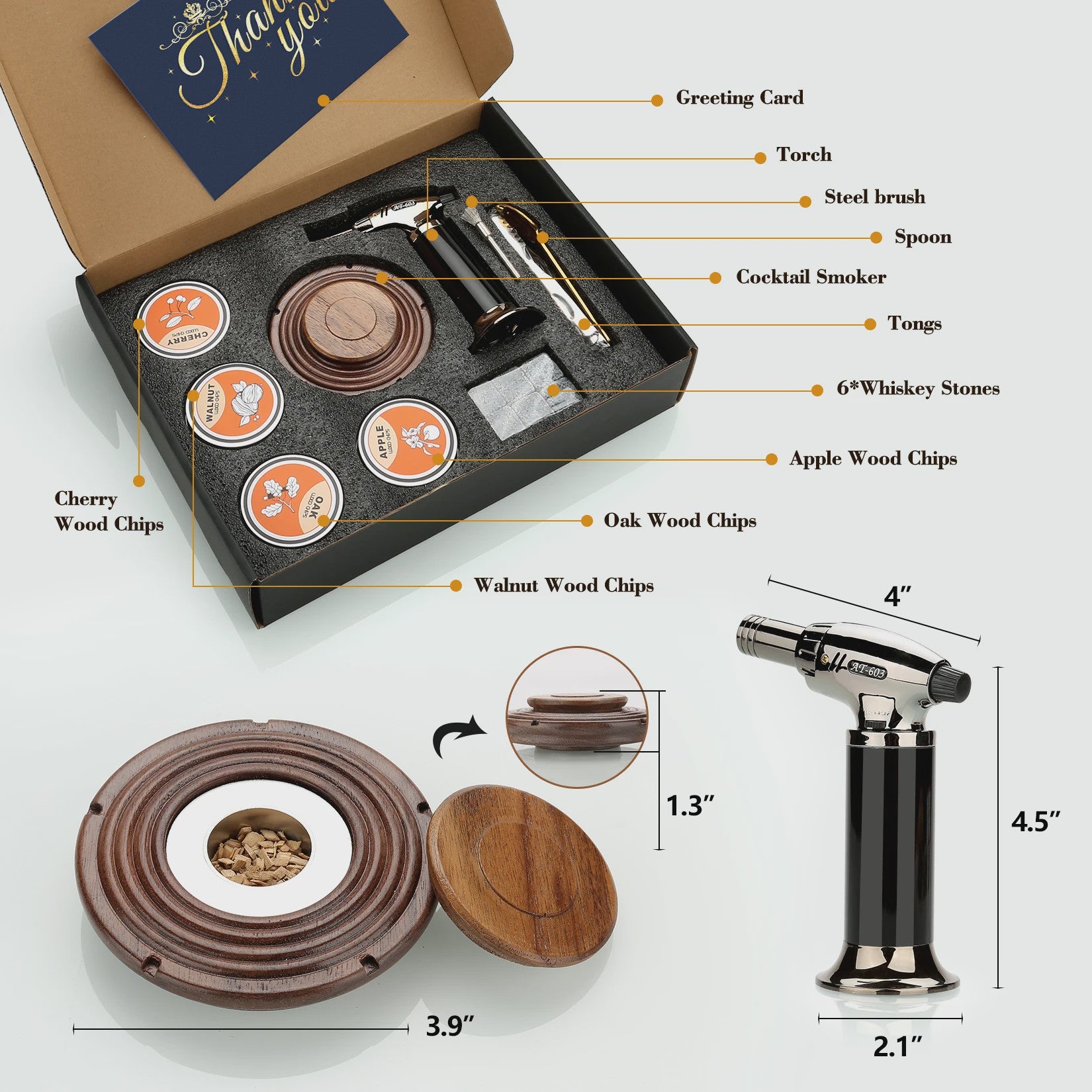 Cocktail Smoker Kit: Rook Aroma met Brandertje, Houtchips & Whiskey Stenen