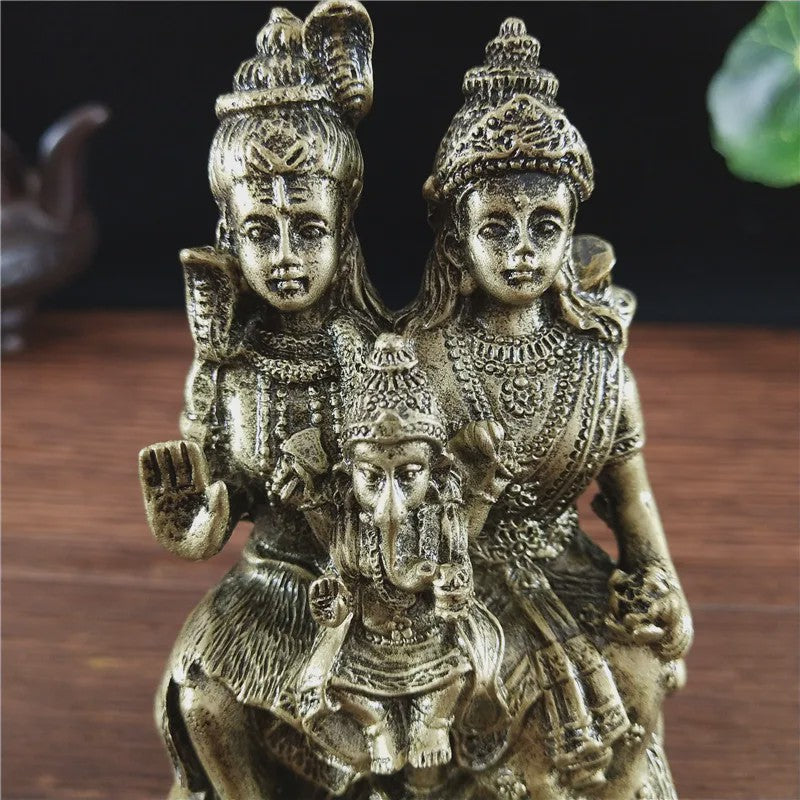 Bronzen Beeld Shiva, Parvati en Ganesha - Hindoeïstische Familie Feng Shui Decoratie