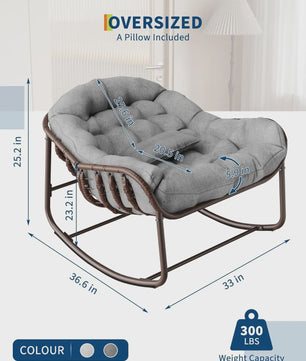 Oversized Rotan Wipstoel met Dik Kussen - Moderne Wicker Lounge Stoel voor Binnen & Buiten