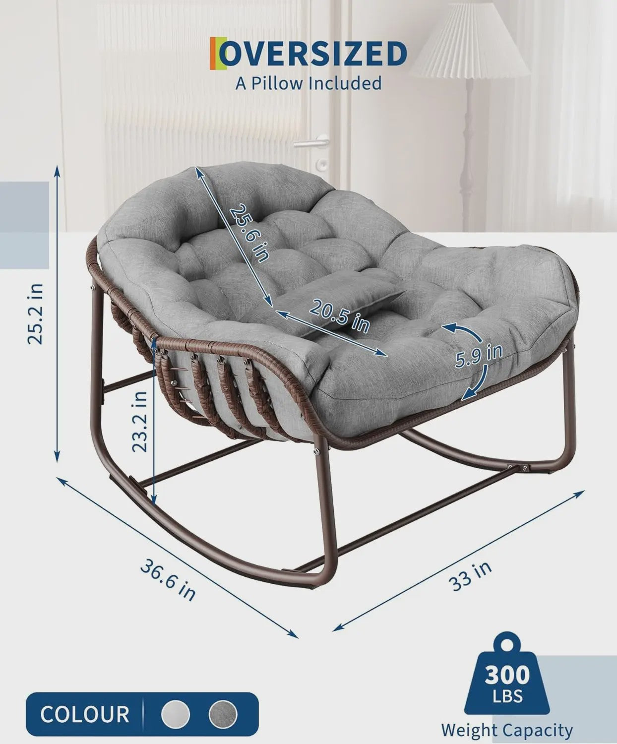Oversized Rotan Wipstoel met Dik Kussen - Moderne Wicker Lounge Stoel voor Binnen & Buiten