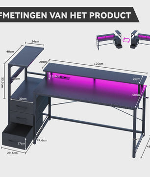 Gaming Bureau met LED Verlichting, Stopcontacten en Opbergvakken - 148x48x148 cm