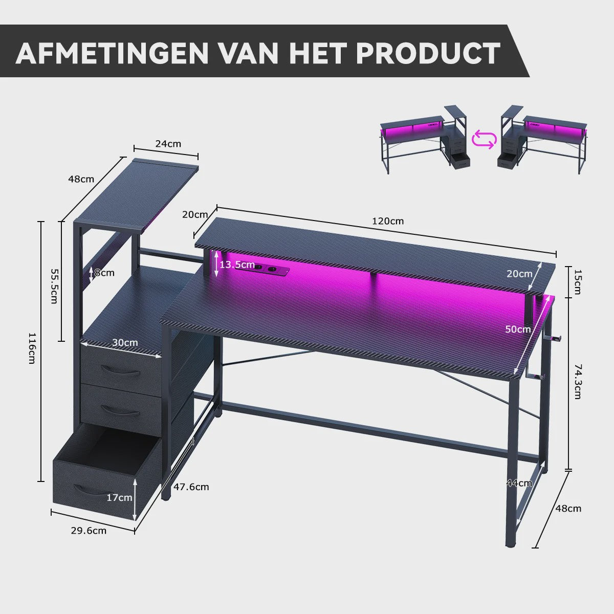 Gaming Bureau met LED Verlichting, Stopcontacten en Opbergvakken - 148x48x148 cm