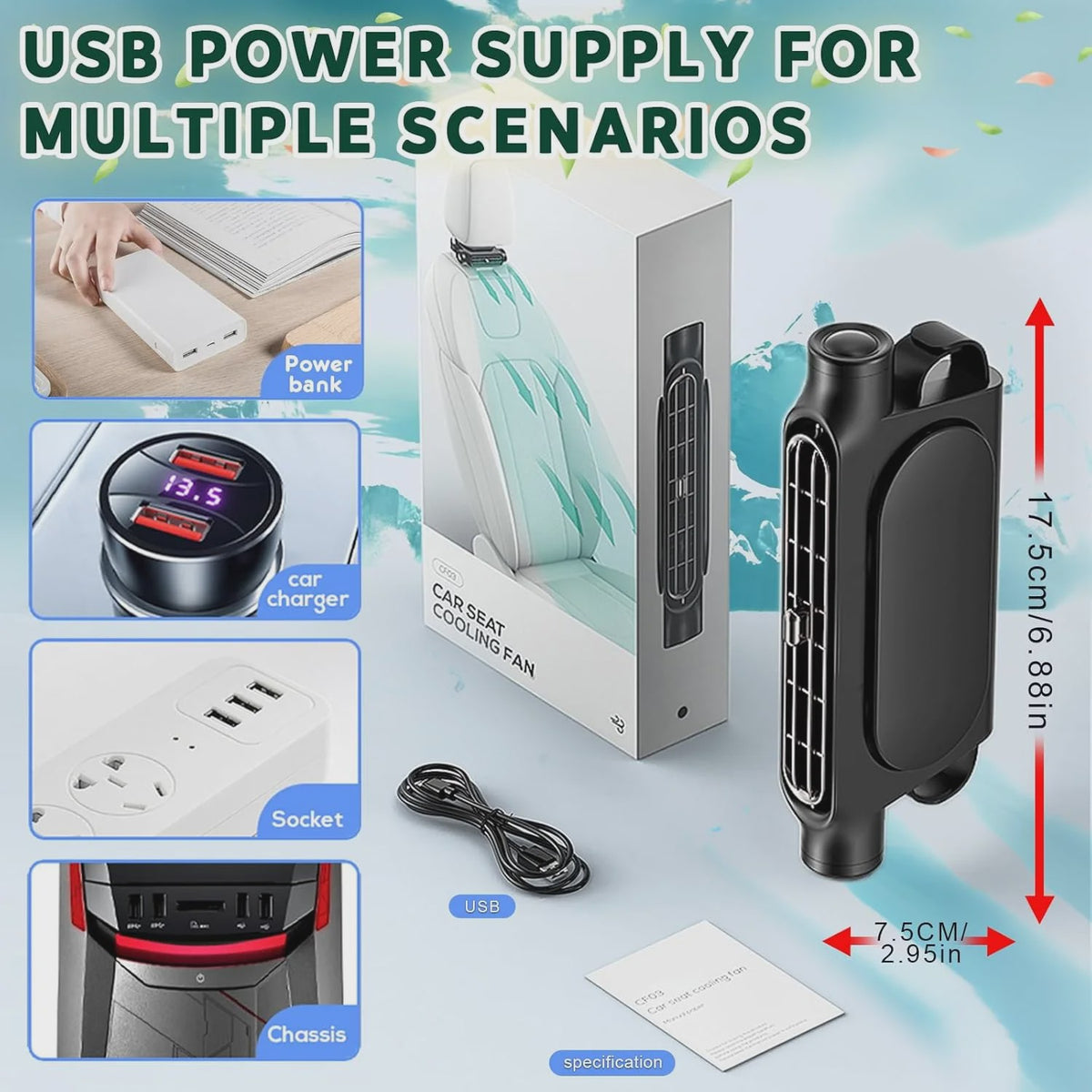 Verstelbare Auto Hoofdsteun Ventilator - 3 Snelheden & USB Voeding