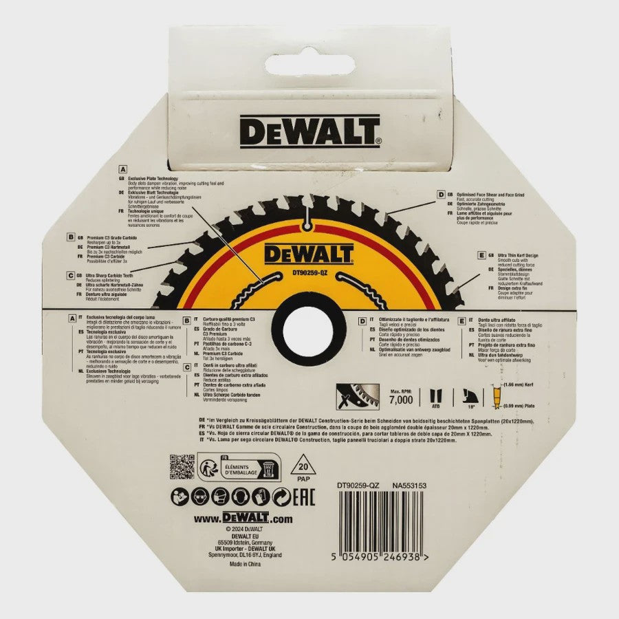 DeWalt DT90259-QZ Houtzaagblad 184mm x 20mm, 40T - Robuust Cirkelzaagblad voor Constructie