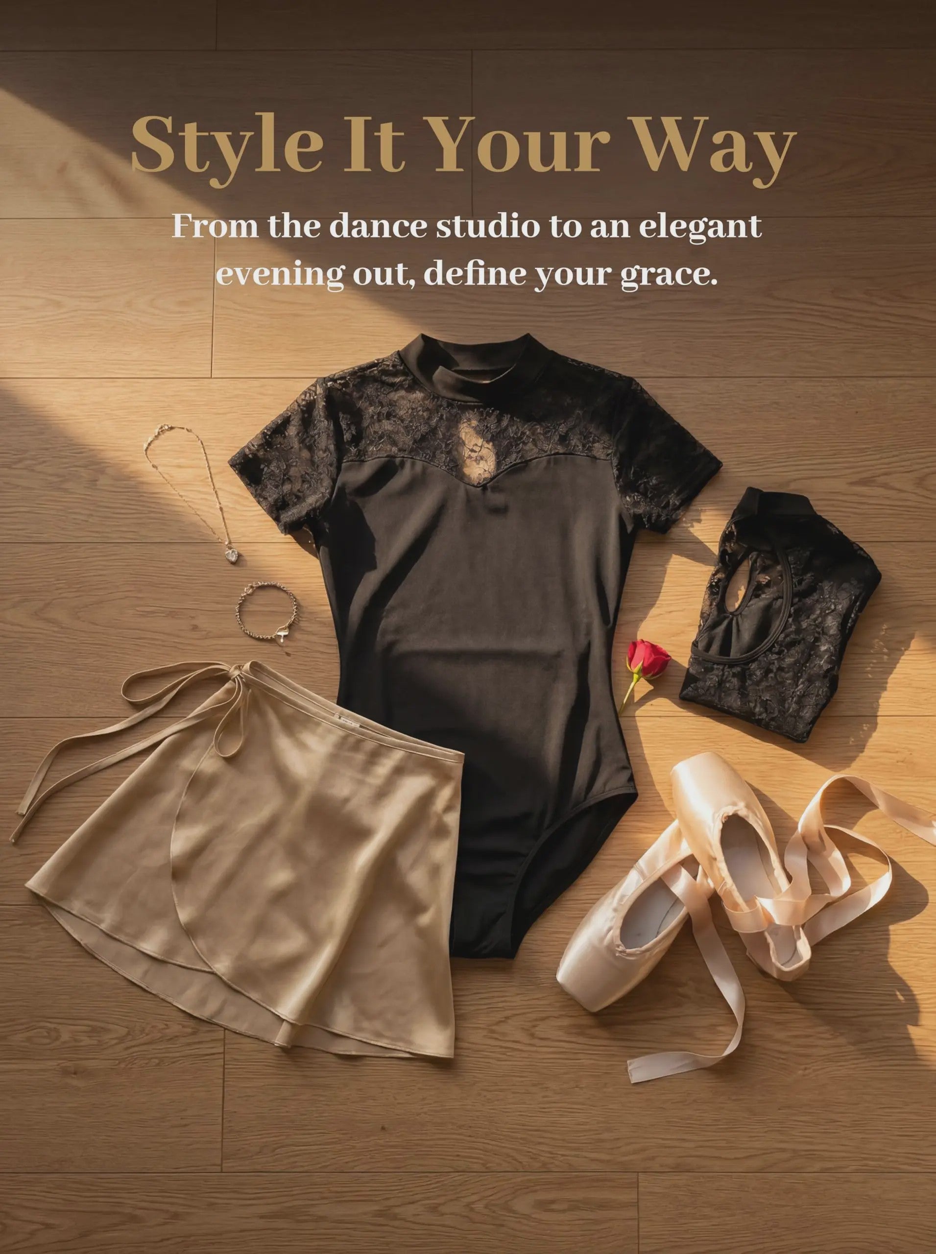 Dames Ballet Leotard met Kant en Hoge Hals - Korte Mouwen & Holle Rug