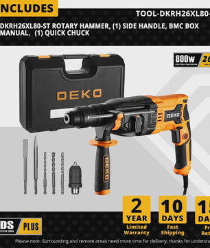 DEKO DKRH26XL80-ST Elektrische Boorhamer - 4 Functies, 800W, SDS Plus