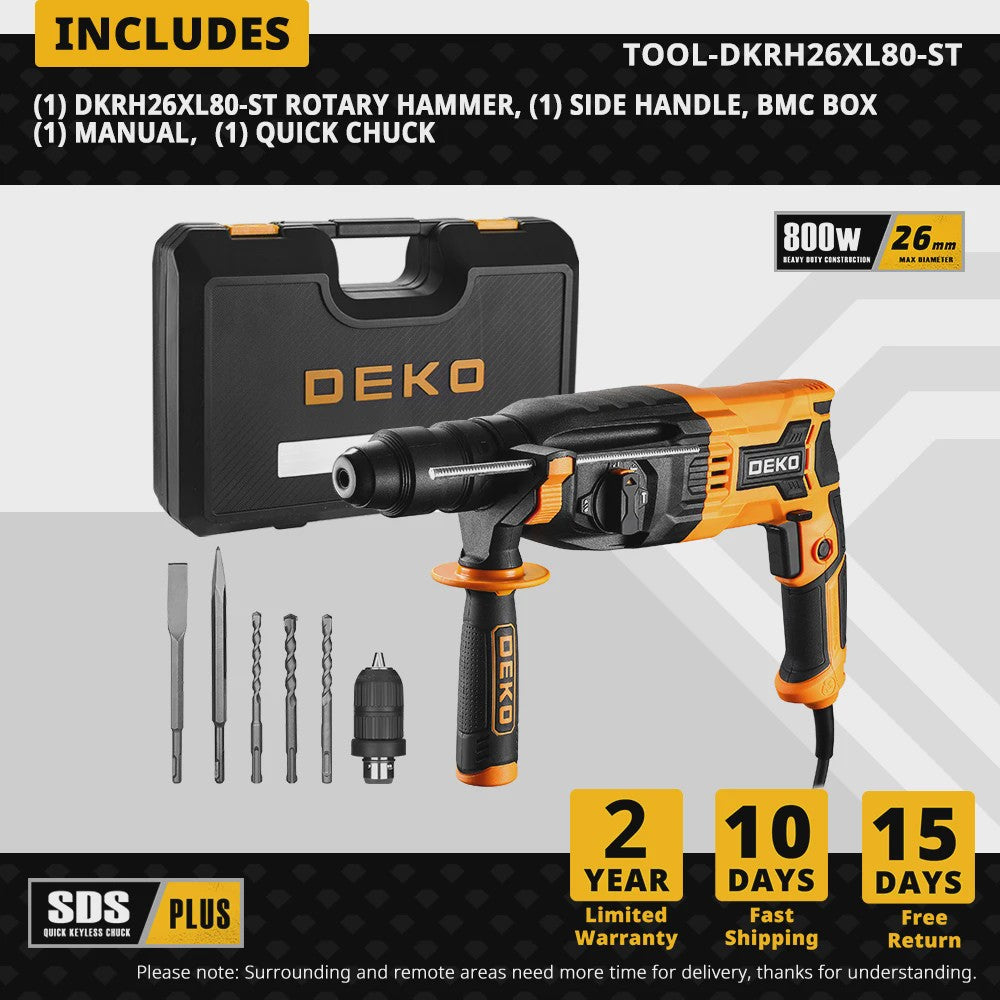 DEKO DKRH26XL80-ST Elektrische Boorhamer - 4 Functies, 800W, SDS Plus