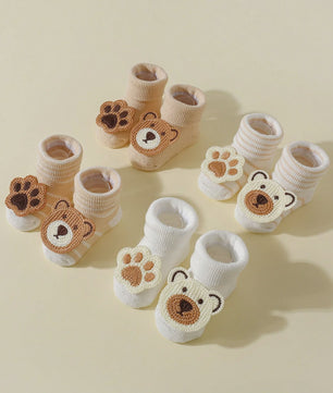 4 Paar Babysokjes met Beren & Pootjes - Antislip, Zacht Katoen, 0-12 Maanden