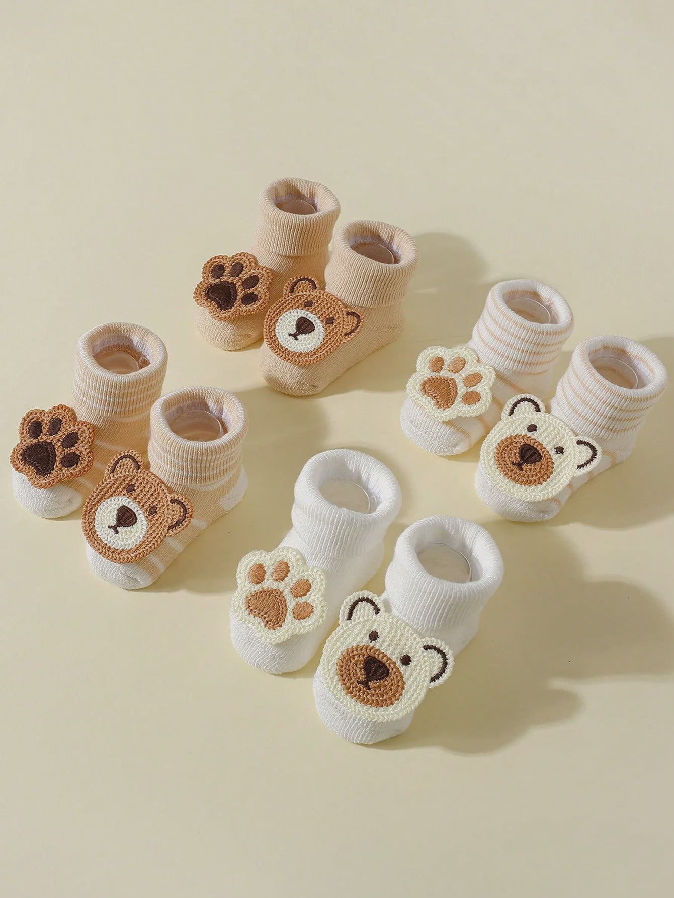 4 Paar Babysokjes met Beren & Pootjes - Antislip, Zacht Katoen, 0-12 Maanden