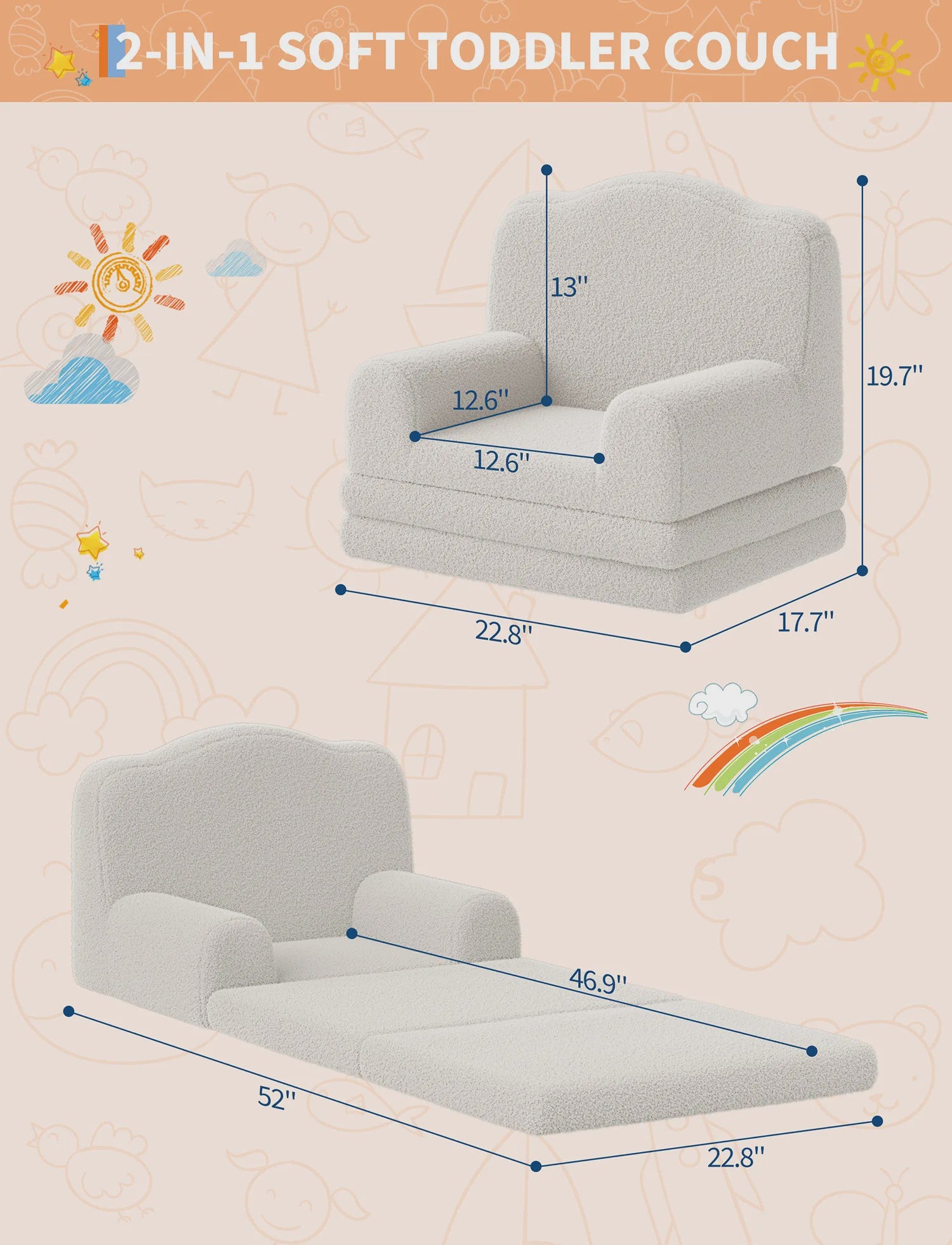 Kinderfauteuil omklapbaar tot slaapbank - Zachte Sherpa stof, Kroon design