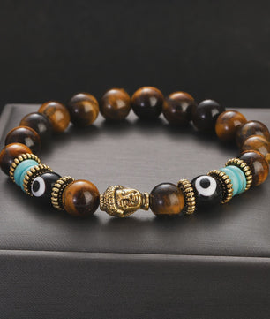 Handgemaakte Buddha & Evil Eye Armband met Turkoois Blauwe Stenen - Elastisch, Yoga Stijl