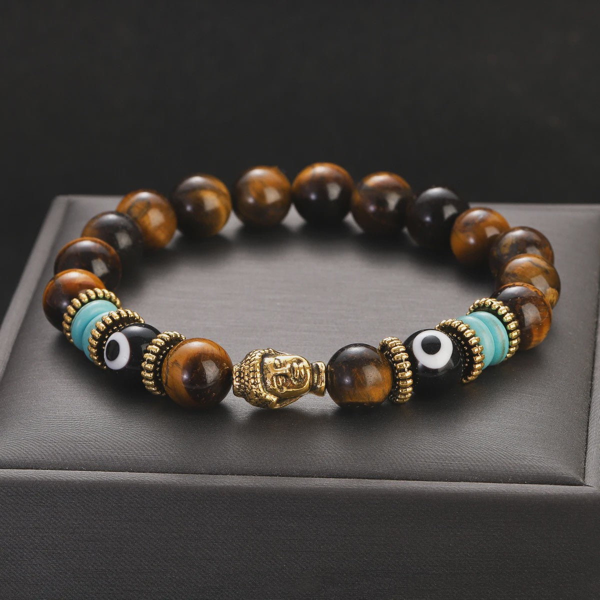 Handgemaakte Buddha & Evil Eye Armband met Turkoois Blauwe Stenen - Elastisch, Yoga Stijl