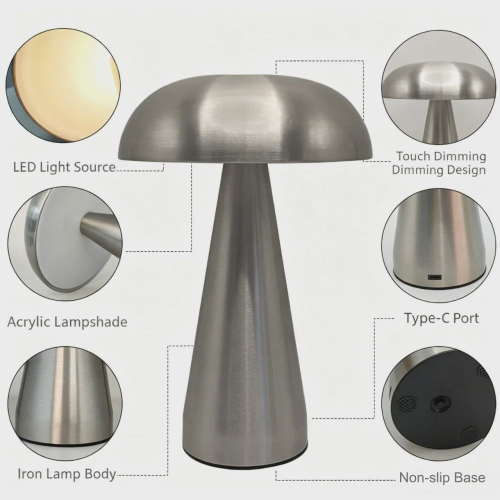 Retro Mushroom Tafellamp - LED, Touch Control, 3 Kleuren, Oplaadbaar