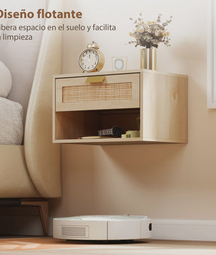 Set van 2 Nachtkastjes Zwevend met Rotan Lade & Open Vak - Scandinavisch Design