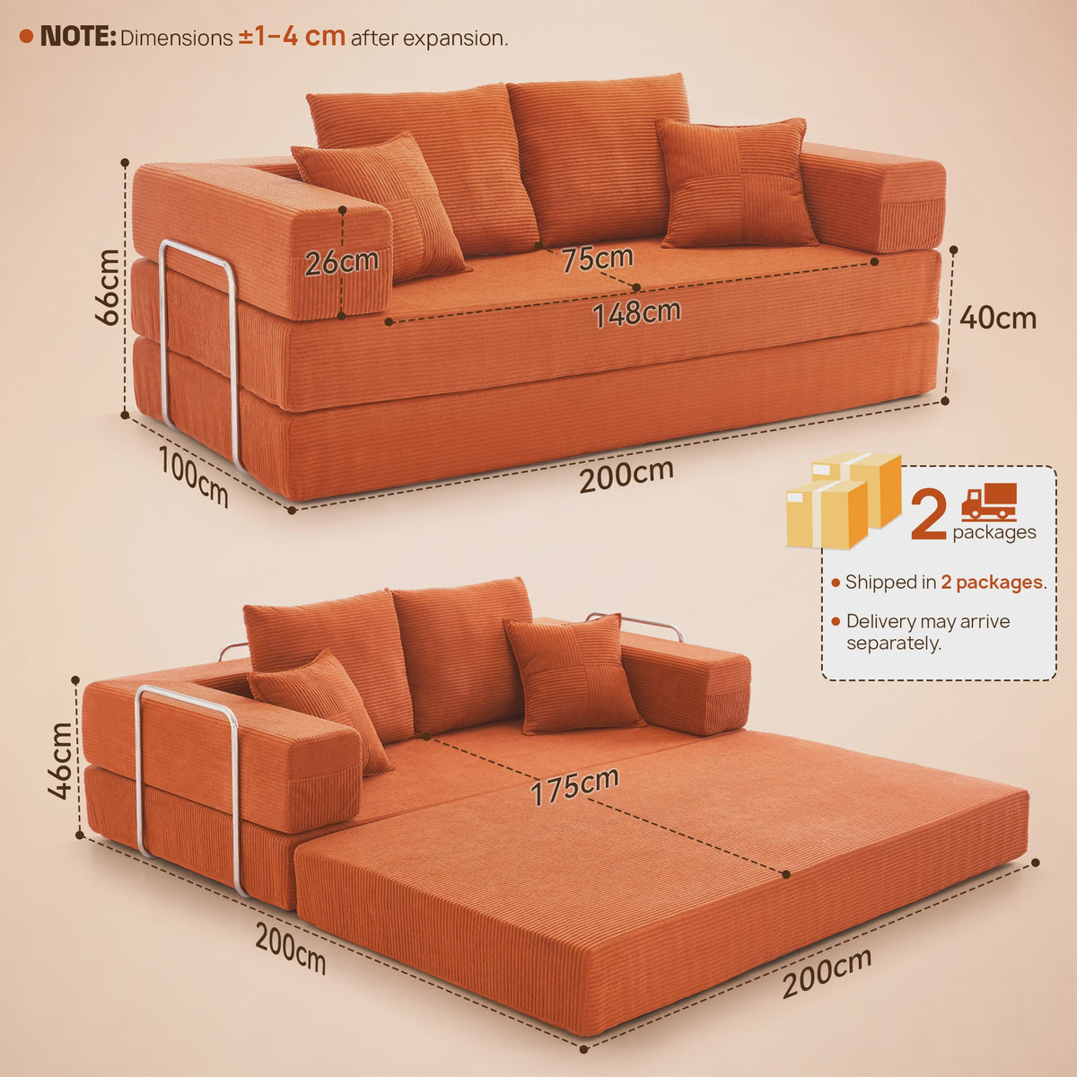Opvouwbare Sofa Bed 200cm XXL - Modulair Gastenbed met Corduroy & Memory Foam