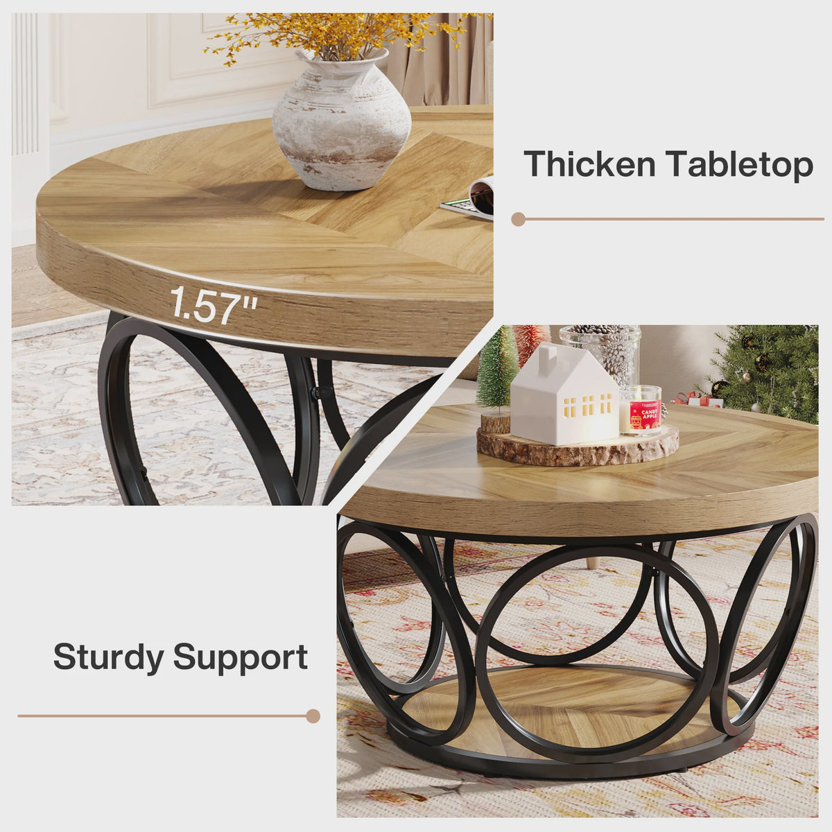 Ronde Houten Salontafel 80cm met 2-Laags Opbergruimte - Landhuisstijl