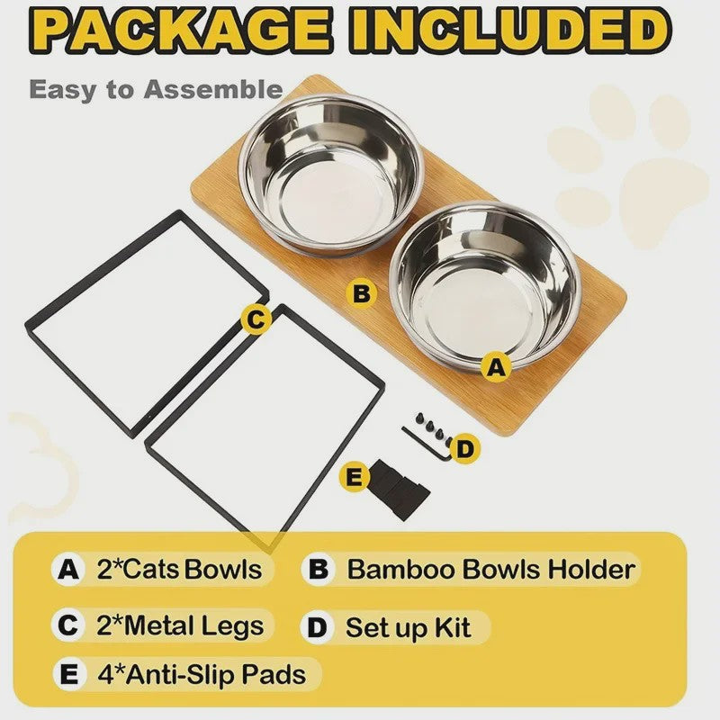 Verhoogde Houten Voerbak voor Katten en Honden - 15° Kantelbaar met RVS Kom