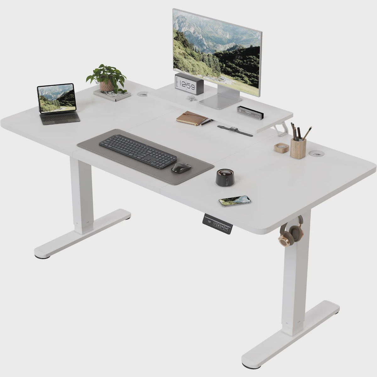 Elektrisch In Hoogte Verstelbaar Bureau 160x70cm Wit met Monitorstandaard - Ergonomisch Zit-Sta Werkplek