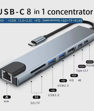 8-in-1 USB-C Hub: 4K HDMI, RJ45, SD/TF Kaartlezer & PD Snellaad Adapter