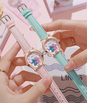 Schattig Stitch Kinderhorloge met Leren Band en Kristallen Wijzerplaat - Perfect Cadeau