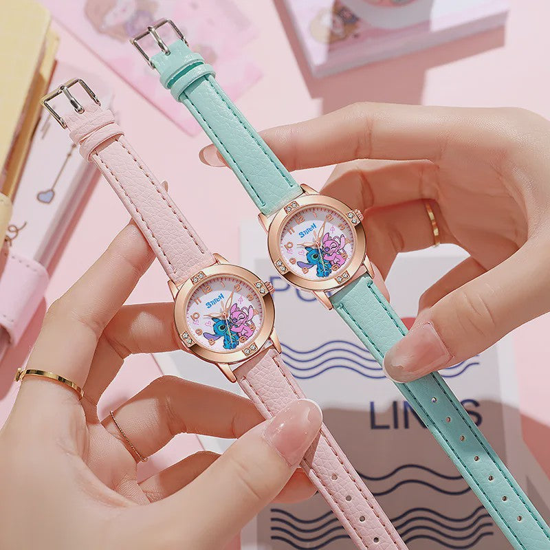 Schattig Stitch Kinderhorloge met Leren Band en Kristallen Wijzerplaat - Perfect Cadeau