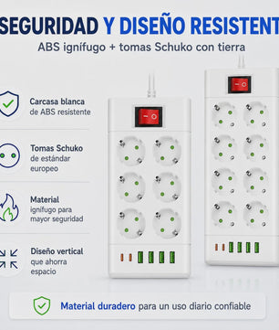 Universele Stekkerdoos met 6/8 Schuko Stopcontacten en 6 USB Poorten (C/A) - 2m Kabel, 2500W