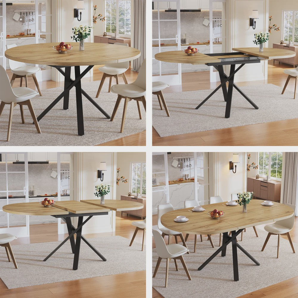 Uitschuifbare Ronde Eettafel met Marmerlook - 100-140cm - X-vormig Metaalframe