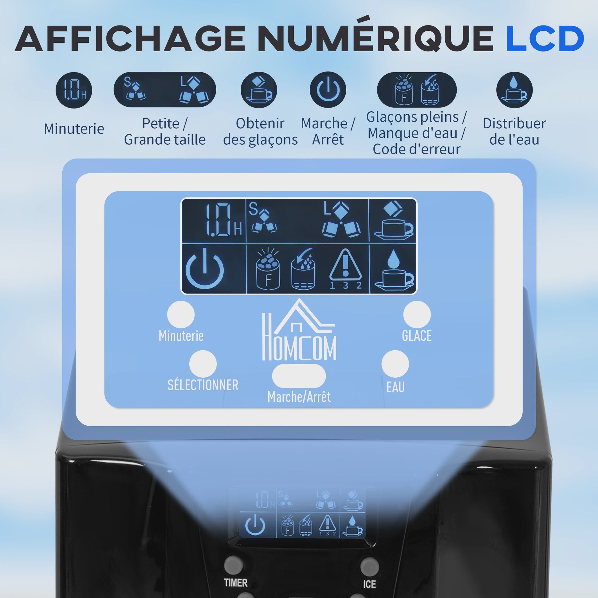 HOMCOM IJsmachine met Waterdispenser - 12kg/24u, 3L Tank, Verstelbare IJsblokjes, Zwart