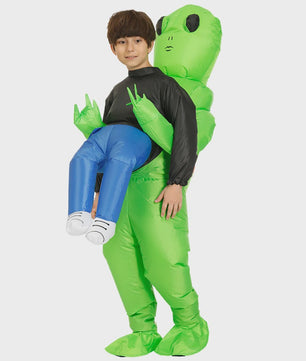 Opblaasbaar Buitenaards Kostuum - Groene Alien met Kind op Arm - Volwassen Feestkostuum