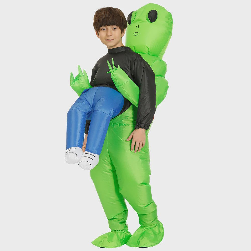 Opblaasbaar Buitenaards Kostuum - Groene Alien met Kind op Arm - Volwassen Feestkostuum
