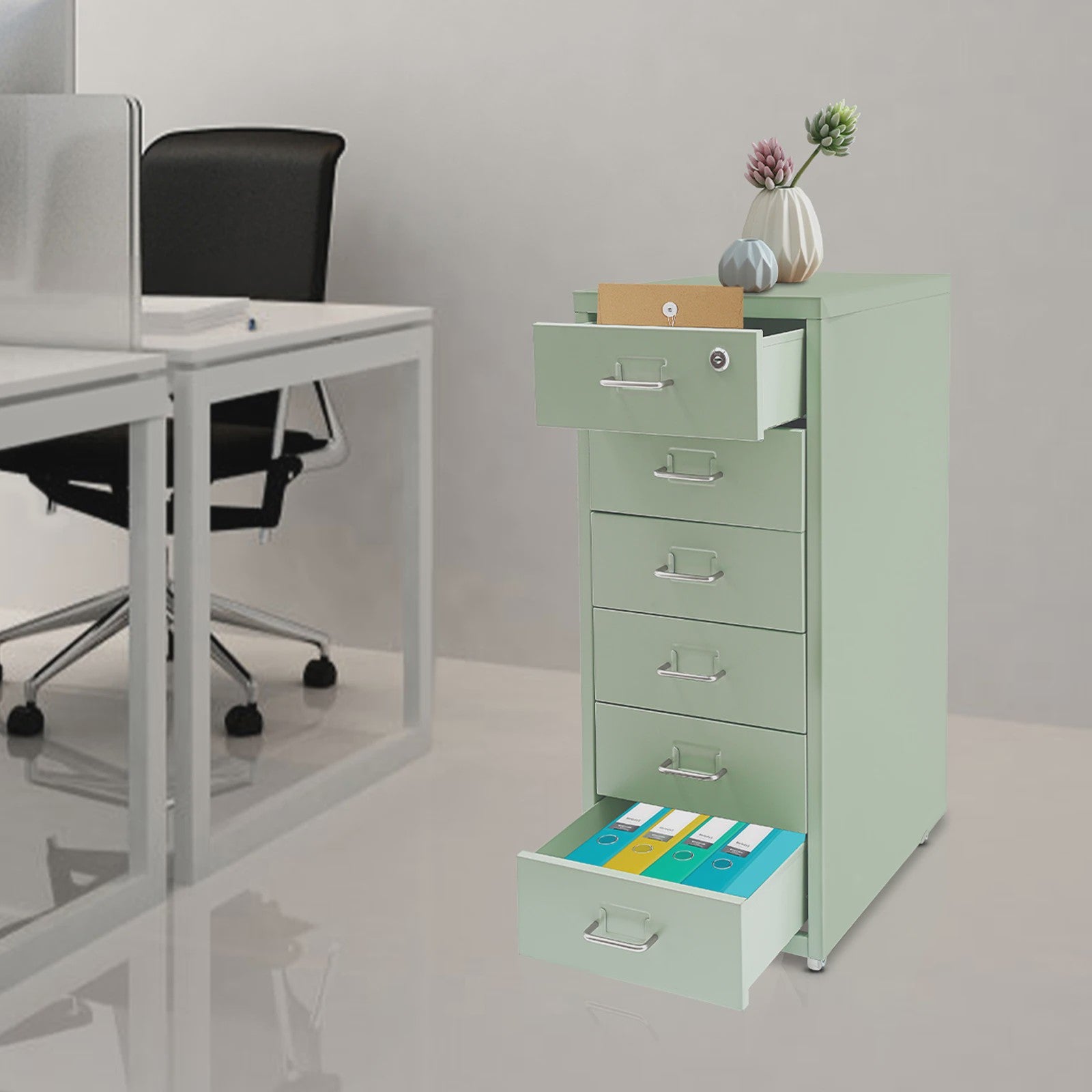 Stalen Archiefkast met Wielen en Slot - 5 Lades - 28x41x69cm