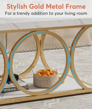 Moderne Rechthoekige Salontafel met 2 etages en Marmerlook & Gouden Frame