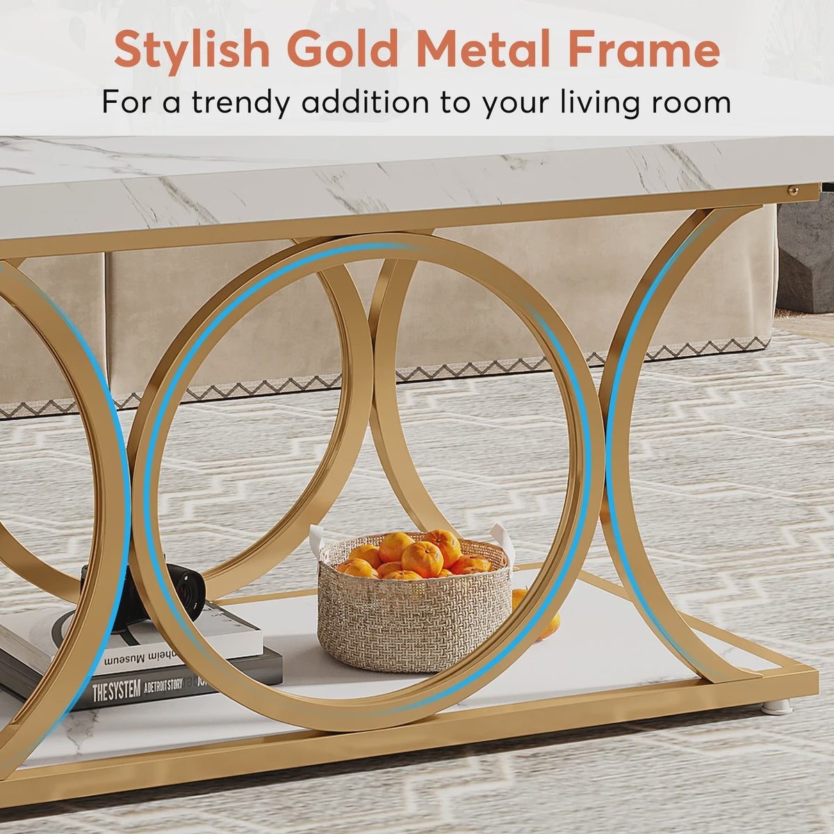 Moderne Rechthoekige Salontafel met 2 etages en Marmerlook & Gouden Frame