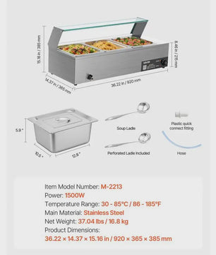 Professionele Bain-Marie Warmhoudbak - 3x 1/2 GN - Roestvrij Staal met Glazen Deksel & Soeplepel
