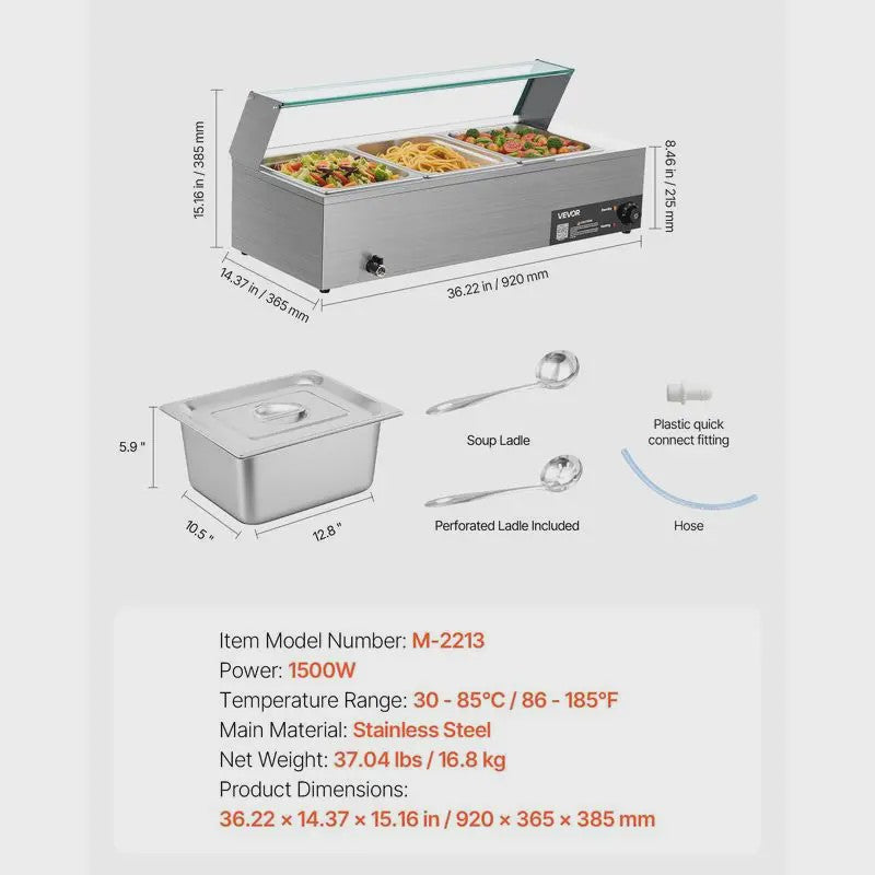 Professionele Bain-Marie Warmhoudbak - 3x 1/2 GN - Roestvrij Staal met Glazen Deksel & Soeplepel