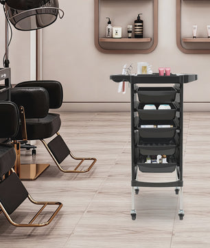 Mobiele Salon Trolley met 5 Lades, Top Opbergruimte en Vergrendelbare Beveiliging