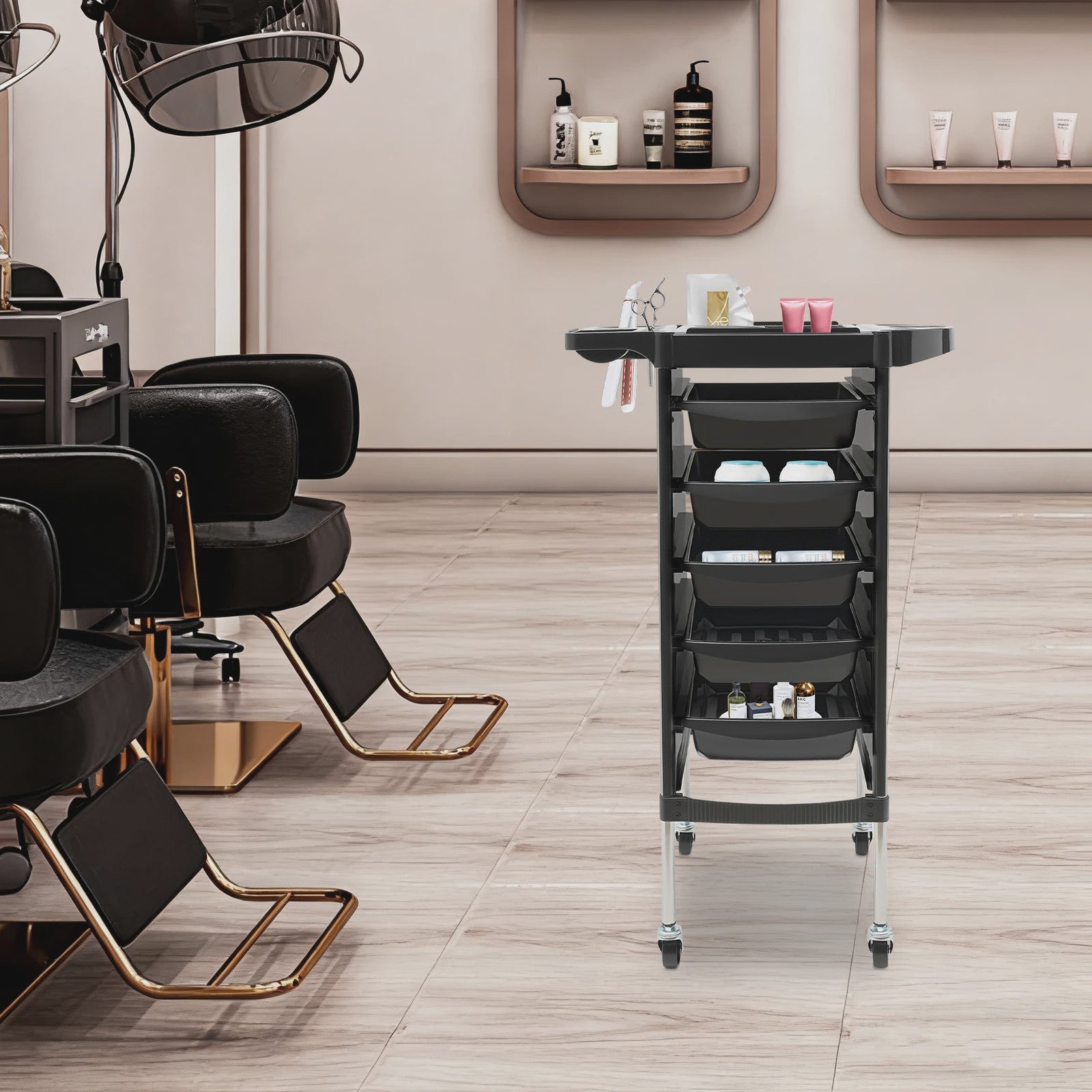 Mobiele Salon Trolley met 5 Lades, Top Opbergruimte en Vergrendelbare Beveiliging