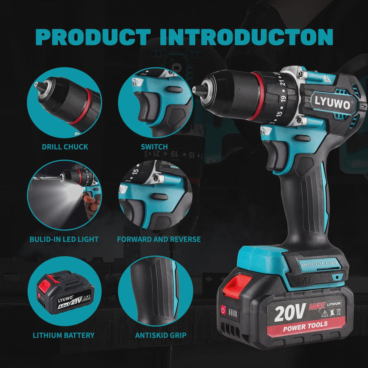 LYUWO 20V Brushless Accu Klopboormachine & Schroefmachine | 4.0Ah Batterij