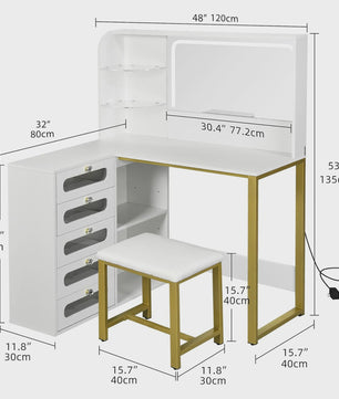 Kaptafel met Verlichting en Spiegel, Wit Chipboard, Inclusief Krukje en Lades