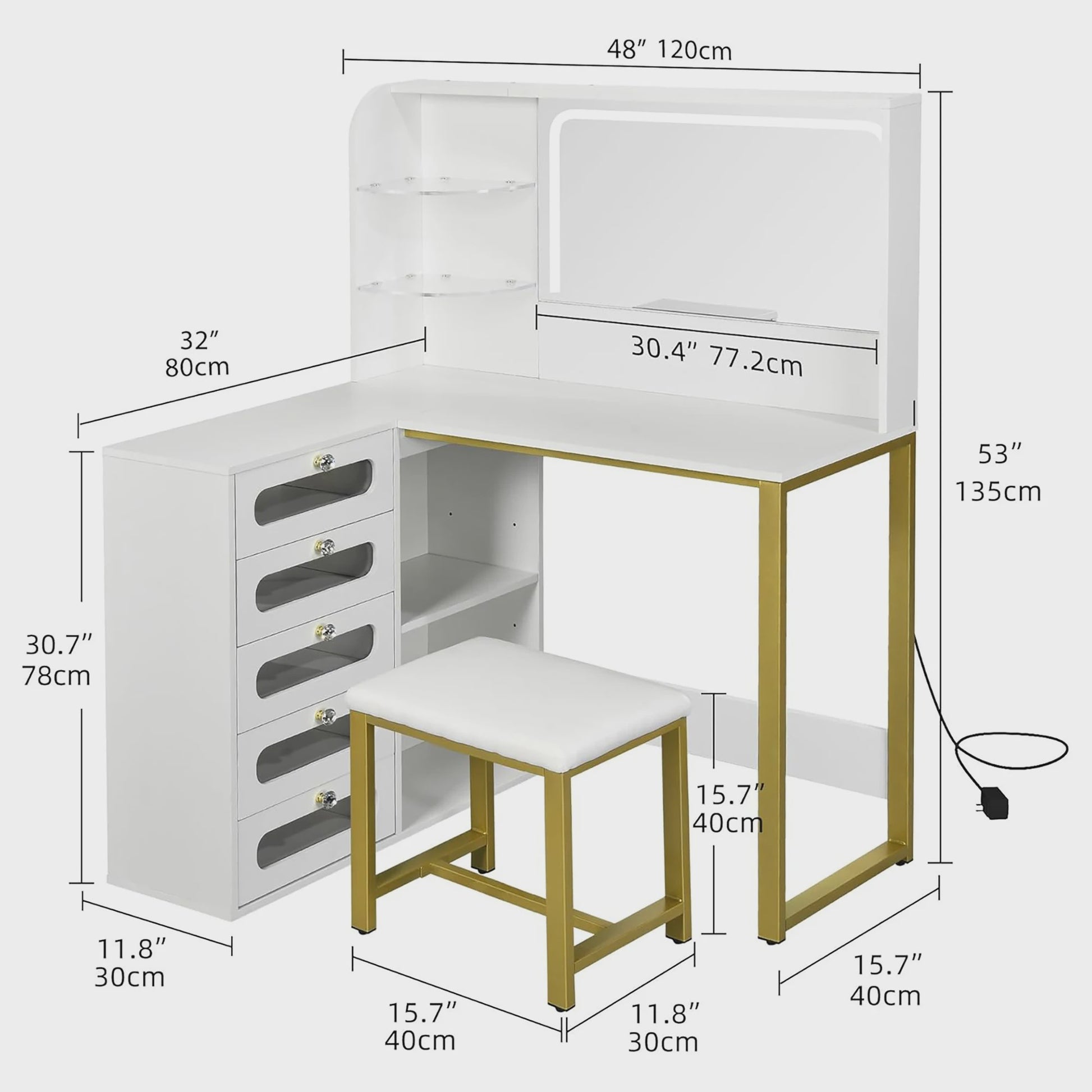 Kaptafel met Verlichting en Spiegel, Wit Chipboard, Inclusief Krukje en Lades