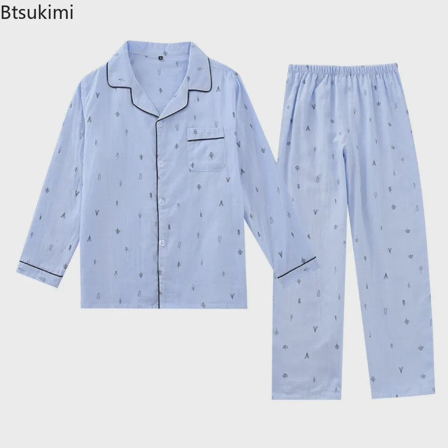 Heren Pyjama Set van 100% Katoen Gauze - Korte Mouw & Print - Comfortabele Homewear voor Zomer