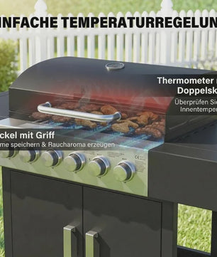 RVS Gas BBQ Grill Cart met 6+1 Branders, Zijbrander, Wielen & Thermometer