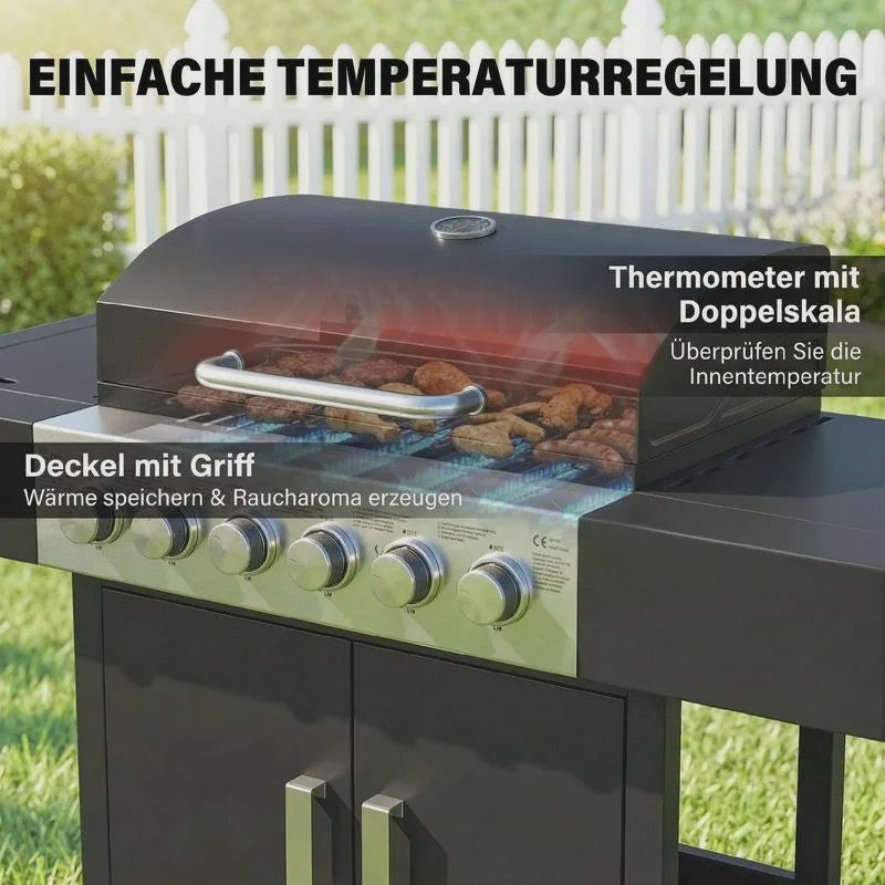 RVS Gas BBQ Grill Cart met 6+1 Branders, Zijbrander, Wielen & Thermometer