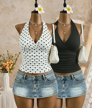 2-Pack Dames Crop Top met Halternek, Diepe V-hals en Ruches - Zomer Y2K Stijl